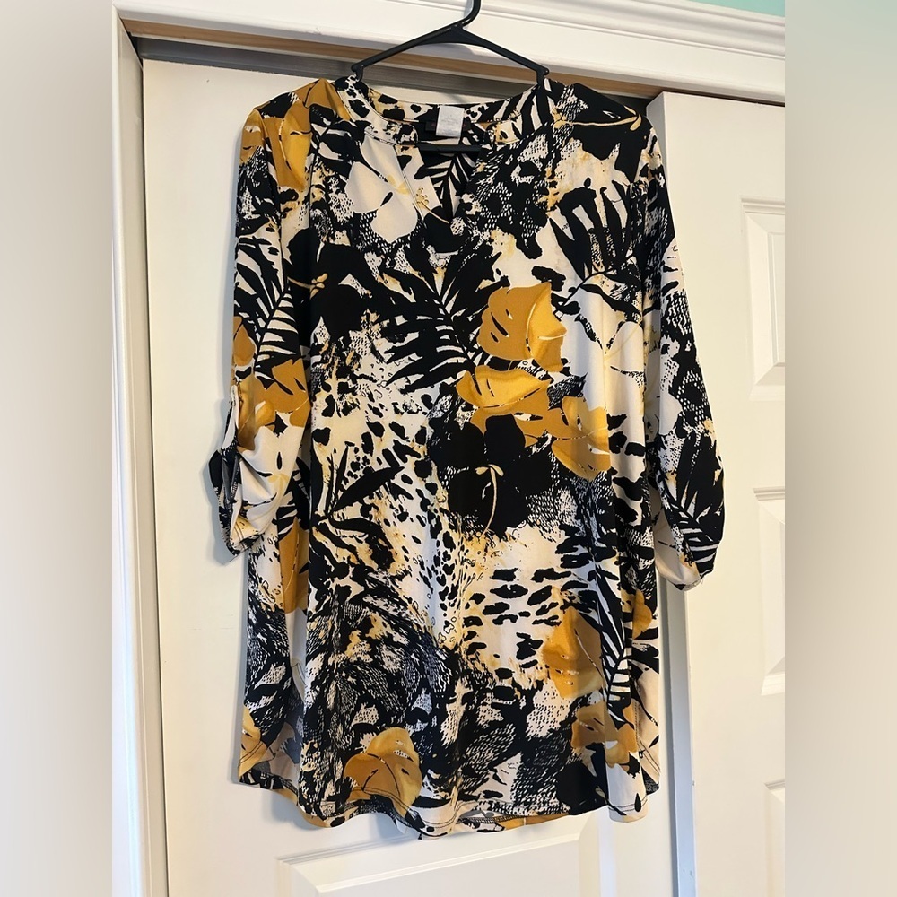 Cocomo Womens S Tunic Blouse Shirt Top Yellow Black V-Neck Roll Tab Tropical EUC